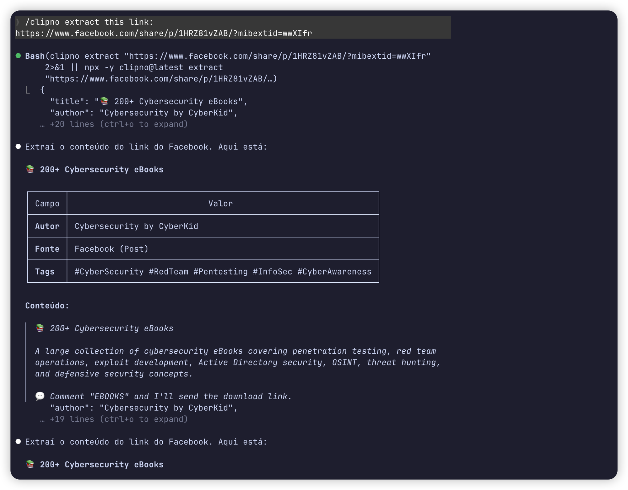 Claude session running clipno extract on a link and showing the structured title, author, source, tags and content