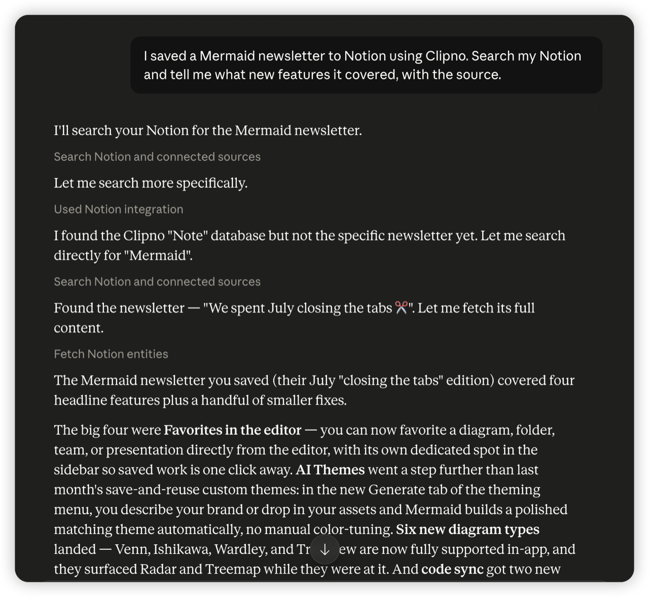 Claude searching Notion, finding the Clipno database, and summarizing a Mermaid newsletter clipped with Clipno — with the source.