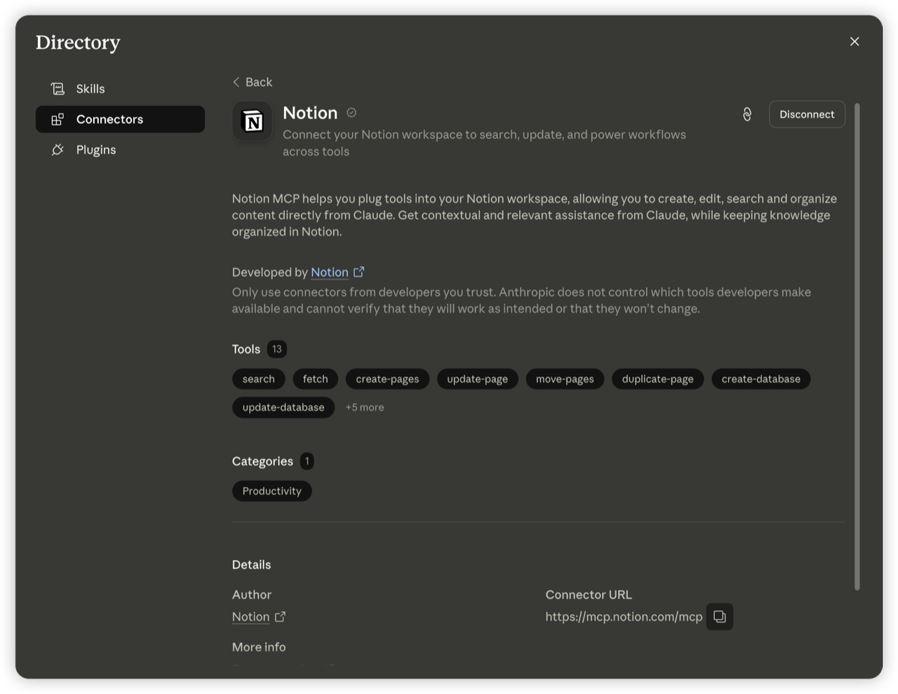 Notion connector connected to Claude, showing the mcp.notion.com/mcp URL and tools like search, fetch and create-pages.